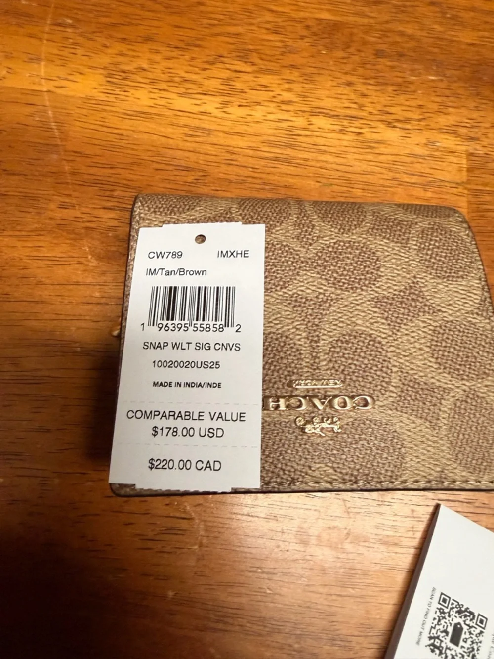 Coach Compact Signature Trifold Wallet in Brown and Tan - Picture 6 of 7